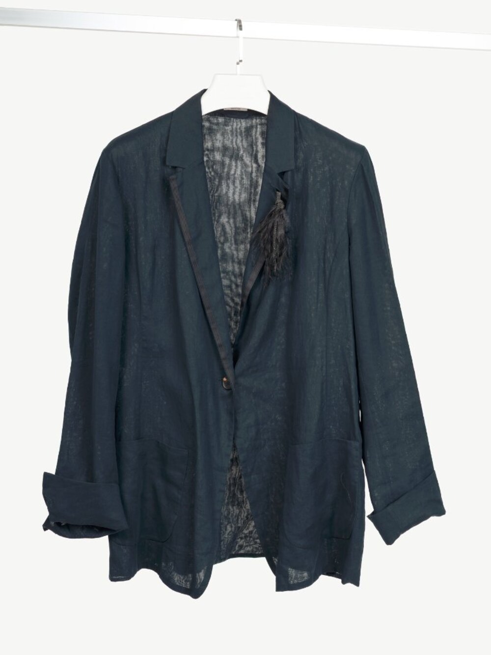 Brunello Cucinelli SS18 Navy Blue Cotton Feather-Monili-Brooch Blazer